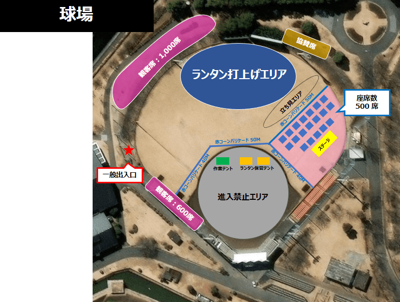 赤穂トラストホープ球場におけるLUMINA SKY LIVE FESの会場レイアウト(ステージ、立ち見エリア、ランタン打上げエリア、観客席などの配置図)